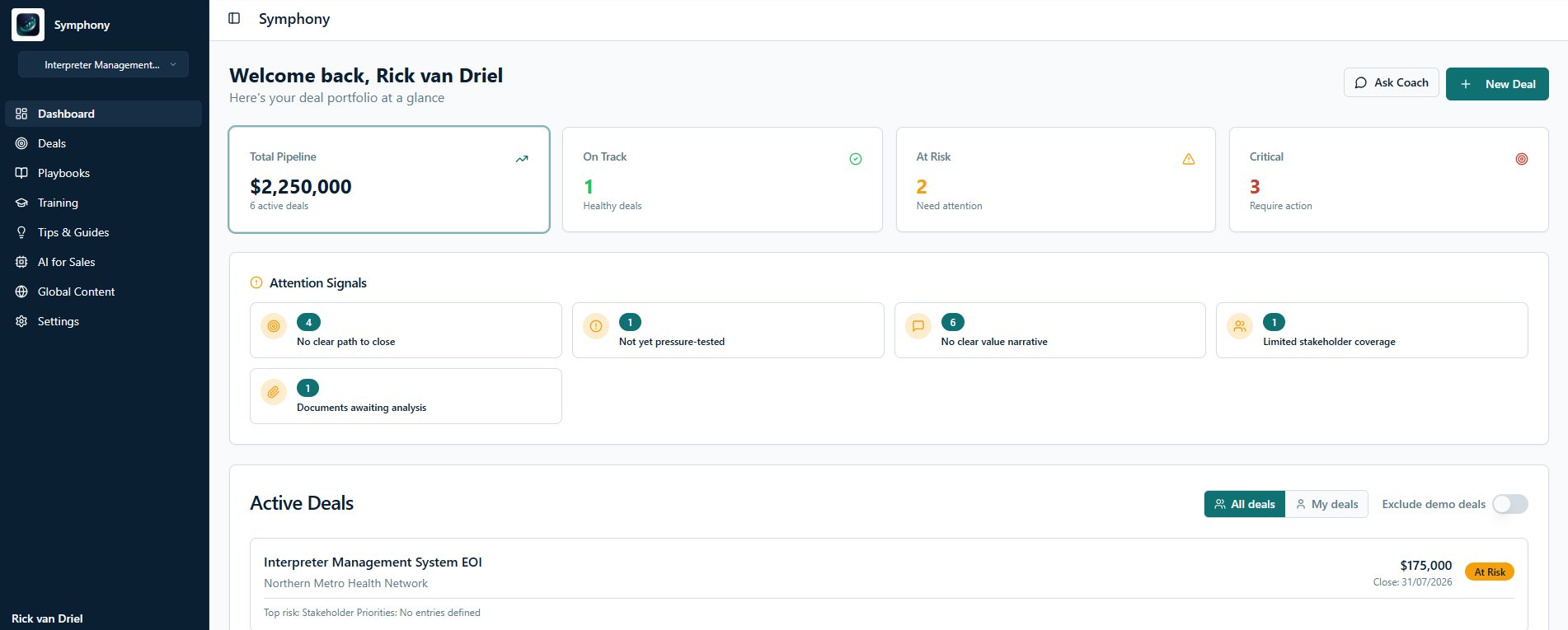 Symphony Dashboard — AI-powered deal portfolio with pipeline health and attention signals
