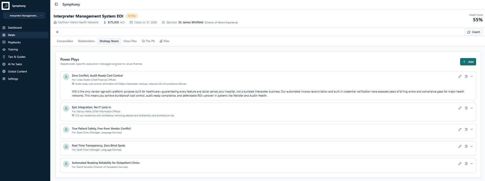 Symphony Power Plays — stakeholder-specific AI-generated messaging